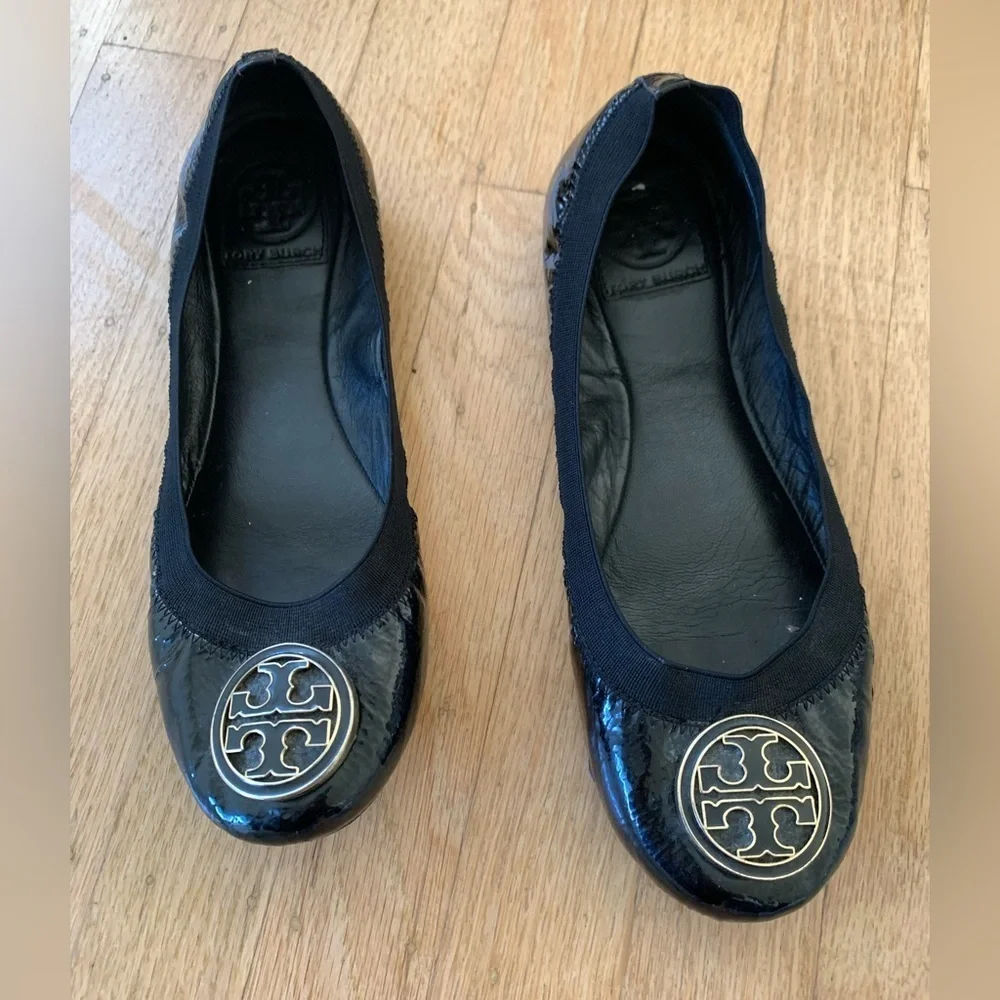 Tory Burch Caroline patent leather grosgrain trim ballet flat dark navy